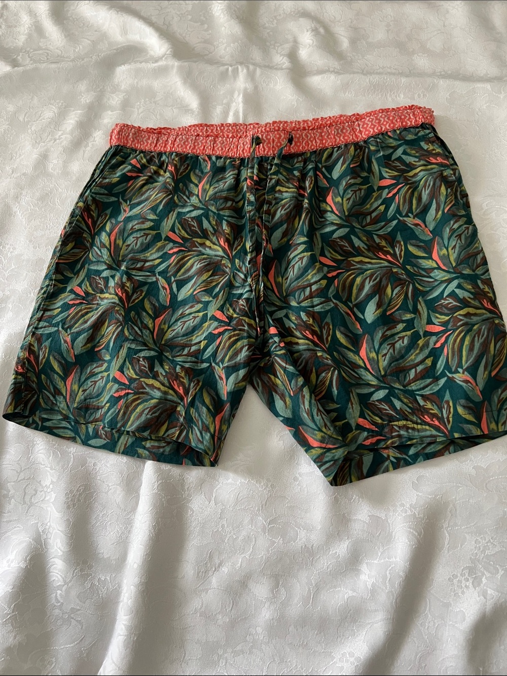 Sundance Green Tropical Leaf Print Shorts with Coral Waistband